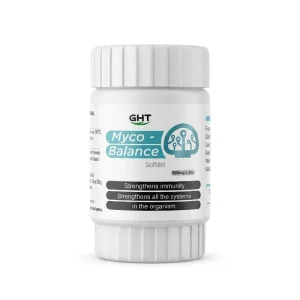 GHT Myco-Balance Softgel 500mg front label showing product name, mushroom immune support claims, and 30-count bottle