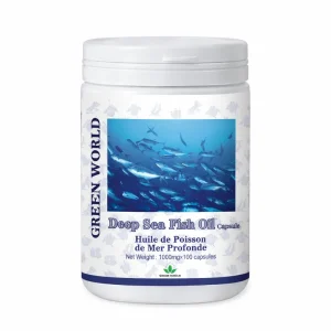 Green World Deep Sea Fish Oil capsule bottle showing back label with ingredients and usage