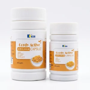 Kedi Cordy Active Capsule both sizes — 30-capsule and 60-capsule bottles — showing 100% herbal plant extract Cordyceps Militaris energy and vitality supplement, 250mg per capsule, NAFDAC A7-0492L, by Kedi Healthcare Nigeria.