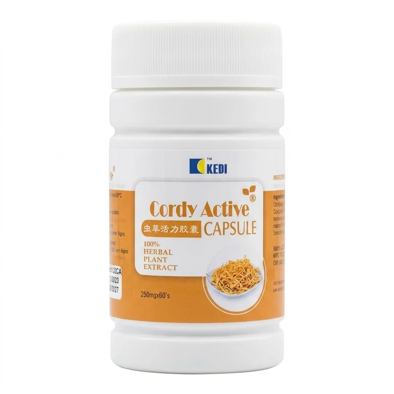 Kedi Cordy Active Capsule — Cordyceps Militaris Energy &Amp; Vitality Wellness Support Kedi Cordy Active Capsule 60-capsule bottle front label showing Cordyceps vitality supplement 250mg x 60 capsules, 100% herbal plant extract, Kedi Healthcare, available at Green World Herbal Supplements Store Nigeria.