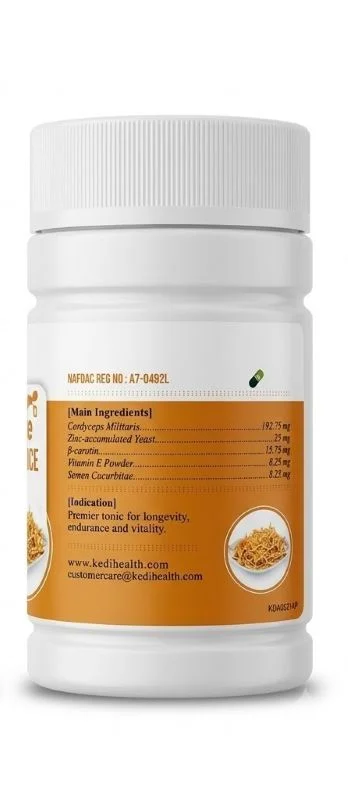 Kedi Cordy Active Capsule — Cordyceps Militaris Energy &Amp; Vitality Wellness Support Kedi Cordy Active Capsule ingredient label showing NAFDAC Registration Number A7-0492L, five-ingredient formula including Cordyceps Militaris 192.75mg, Zinc-accumulated Yeast, Beta-Carotene, Vitamin E and Semen Cucurbitae.