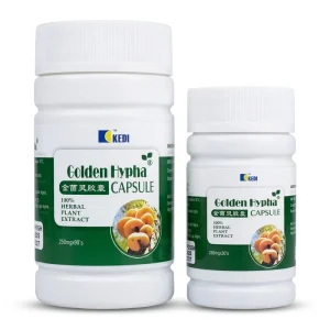 Kedi Golden Hypha Capsule both sizes — 30-capsule and 90-capsule bottles — showing 100% herbal plant extract Flammulina Velutipes immune wellness supplement, 250mg per capsule, NAFDAC A7-0449L, by Kedi Healthcare Nigeria.