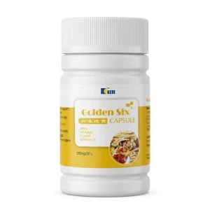 Kedi Golden Six Capsule front bottle label showing Liu Wei Di Huang 六味地黄 six-herb TCM formula, 100% herbal plant extract, 250mg per capsule, 30 capsules per bottle, Kedi Healthcare Nigeria, available at Green World Herbal Supplements Store.