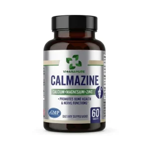 Vitanature Calmazine Calcium Magnesium Zinc front label showing cGMP certified dietary supplement, 60 tablets, formulated to support bone health and nerve function wellness.