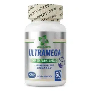 Vitanature UltraMega Deep Sea Fish Oil Omega-3 front label showing 60 softgels dietary supplement for heart, joint and brain health support.