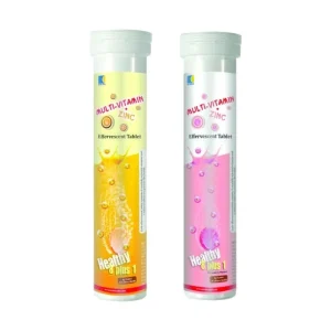 Kedi Multivitamin Zinc Effervescent Tablet both flavour tubes — orange and strawberry — showing Healthy 8 Plus 1 daily immune and energy wellness supplement, 4g per tablet, 18 tablets per tube, by Kedi Healthcare.