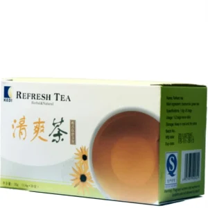 Kedi Refresh Tea front box label showing herbal and natural chamomile and green tea blend, 20 teabags, 1.6g per bag, antioxidant and throat wellness support.