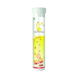 Kedi V-Ca Effervescent Tablet tube showing Vitamin C plus Calcium orange flavour supplement, 4g per tablet, 18 tablets per tube, NAFDAC A3-8966, Drink for Vitality by Kedi Healthcare.
