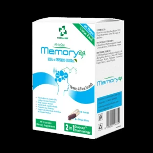 Vitanature Memory 24/7 all-in-one brain and cognitive wellness supplement front box showing DHA and Ginkgo Biloba formula, 60 capsules, 60 Days Value Pack, Duocap Technology, memory and focus formula by Kedi Healthcare.