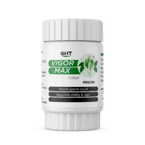 GHT Vigor Max Softgel front bottle label showing 100% natural male vitality and reproductive wellness supplement, 500mg per softgel, 30 softgels per bottle, NAFDAC A7-100704L, GHT Healthcare.