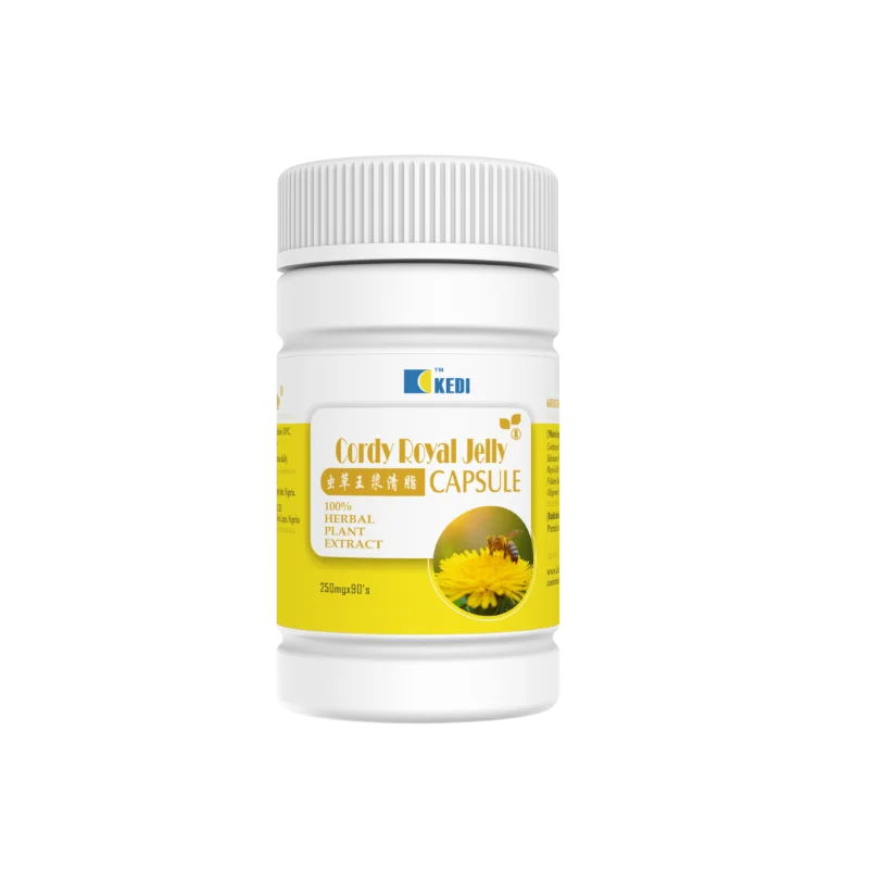 Kedi Cordy Royal Jelly Capsule — Cardiovascular, Brain &Amp; Antioxidant Wellness Support Kedi Cordy Royal Jelly Capsule front bottle label showing 虫草王浆清脂 TCM formula with Cordyceps Militaris, Royal Jelly and Ginkgo Leaf Extract, 100% herbal plant extract, 250mg x 90 capsules, Kedi Healthcare Nigeria.