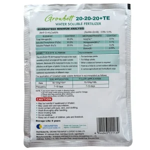 Growbett 20-20-20+TE Water Soluble Fertilizer 200g back label showing Guaranteed Minimum Analysis with 20% Nitrogen, 20% Phosphorus, 20% Potash and trace elements, application rates, caution statements, manufacturer Shanghai Wintong and distributor Growbetter Import Export Global Ltd Nigeria.