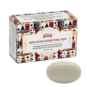 Kedi Beauty Nano-Silver Antibacterial Soap 150g box and bar together showing red black and white African-inspired packaging with Kedi Beauty branding and KEDI-embossed white soap bar, formulated with nano silver for clean healthy skin, Kedi Healthcare Nigeria.