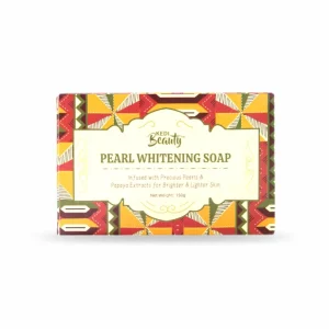 Kedi Beauty Pearl Whitening Soap front packaging showing African-inspired geometric print design with Kedi Beauty branding, pearl powder and papaya extract brightening bar, net weight 150g, by Kedi Healthcare Nigeria.