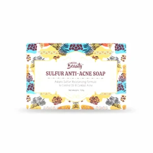 Kedi Beauty Sulfur Anti-Acne Soap front packaging showing yellow and blue African-inspired print design with Kedi Beauty branding, Sulfur Moisturising Formula to Control Oil and Combat Acne, net weight 150g, by Kedi Healthcare Nigeria.