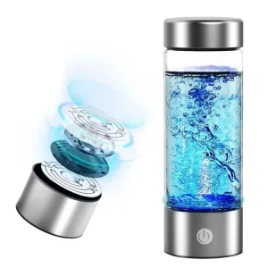 Kedi Hydrogen Water Cup 420ml portable rechargeable hydrogen water generator showing food-grade borosilicate glass body with stainless steel base and single power button, SPE PEM technology, available at Green World Herbal Supplements Store Nigeria.